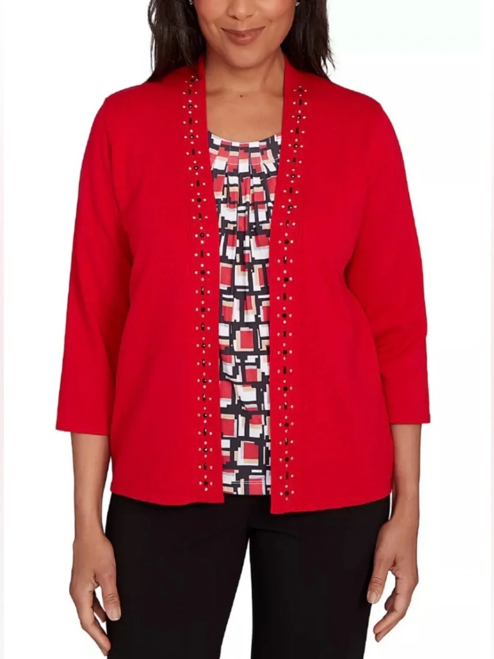 Alfred Dunner Women's Jet Setter Red Black Geometric Inner Two In One Sweater 3X